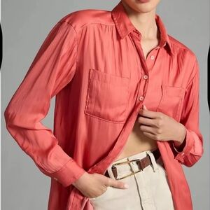 Anthropologie Orange Pink Long Sleeve Button Down Shirt